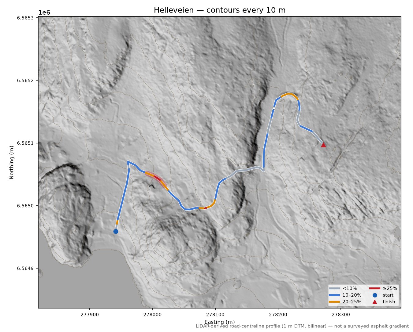 Helleveien LiDAR hillshade map with contours
