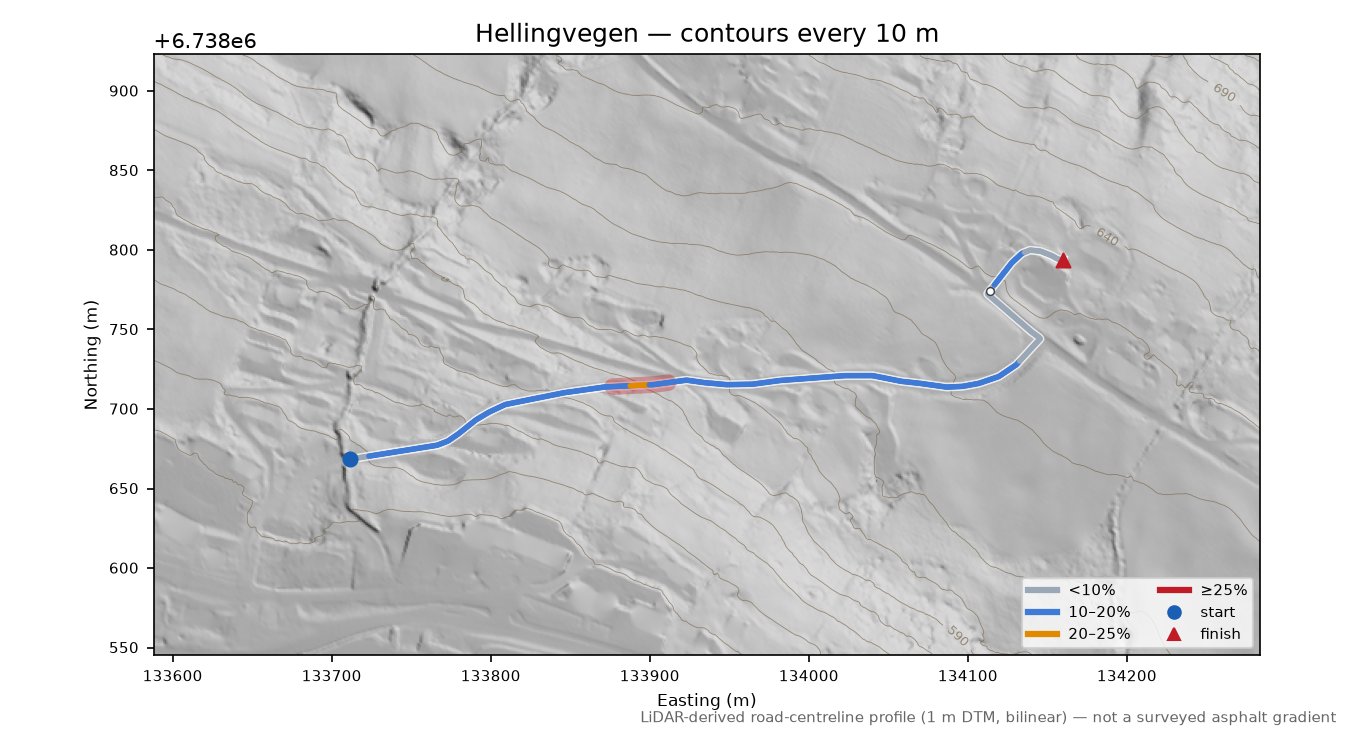 Hellingvegen LiDAR hillshade map with contours