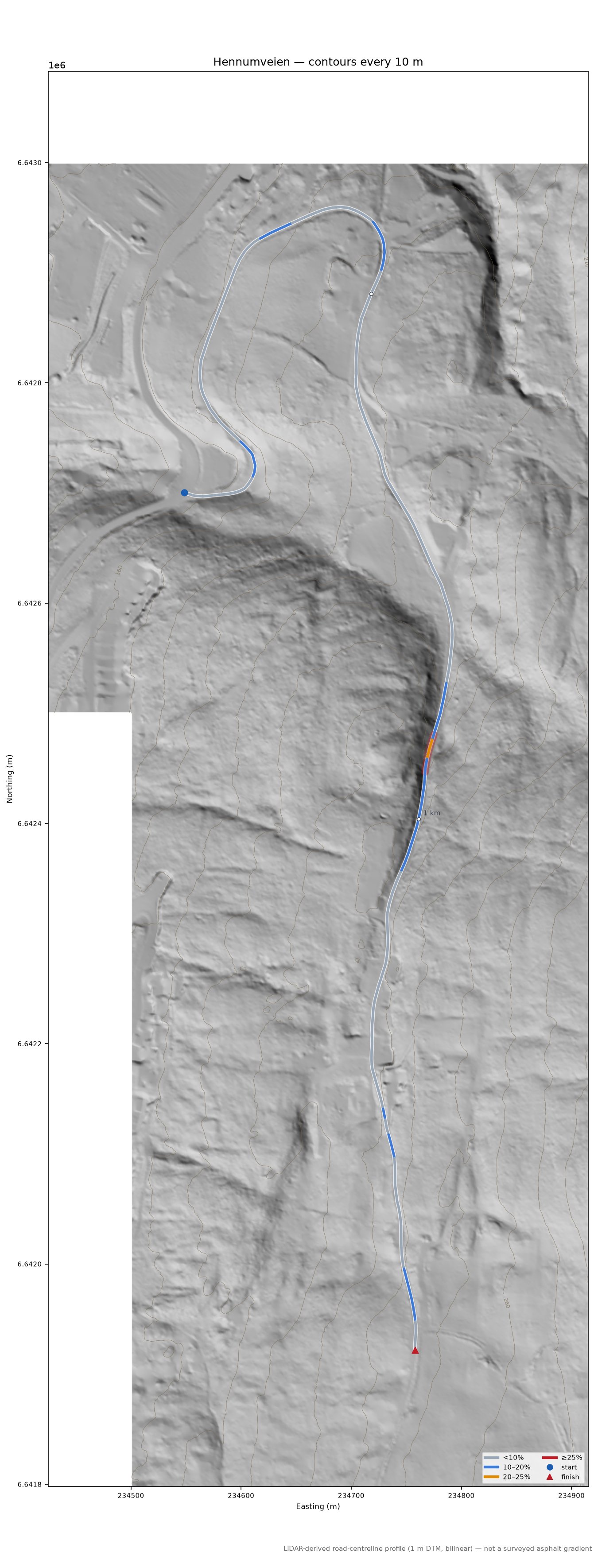 Hennumveien LiDAR hillshade map with contours