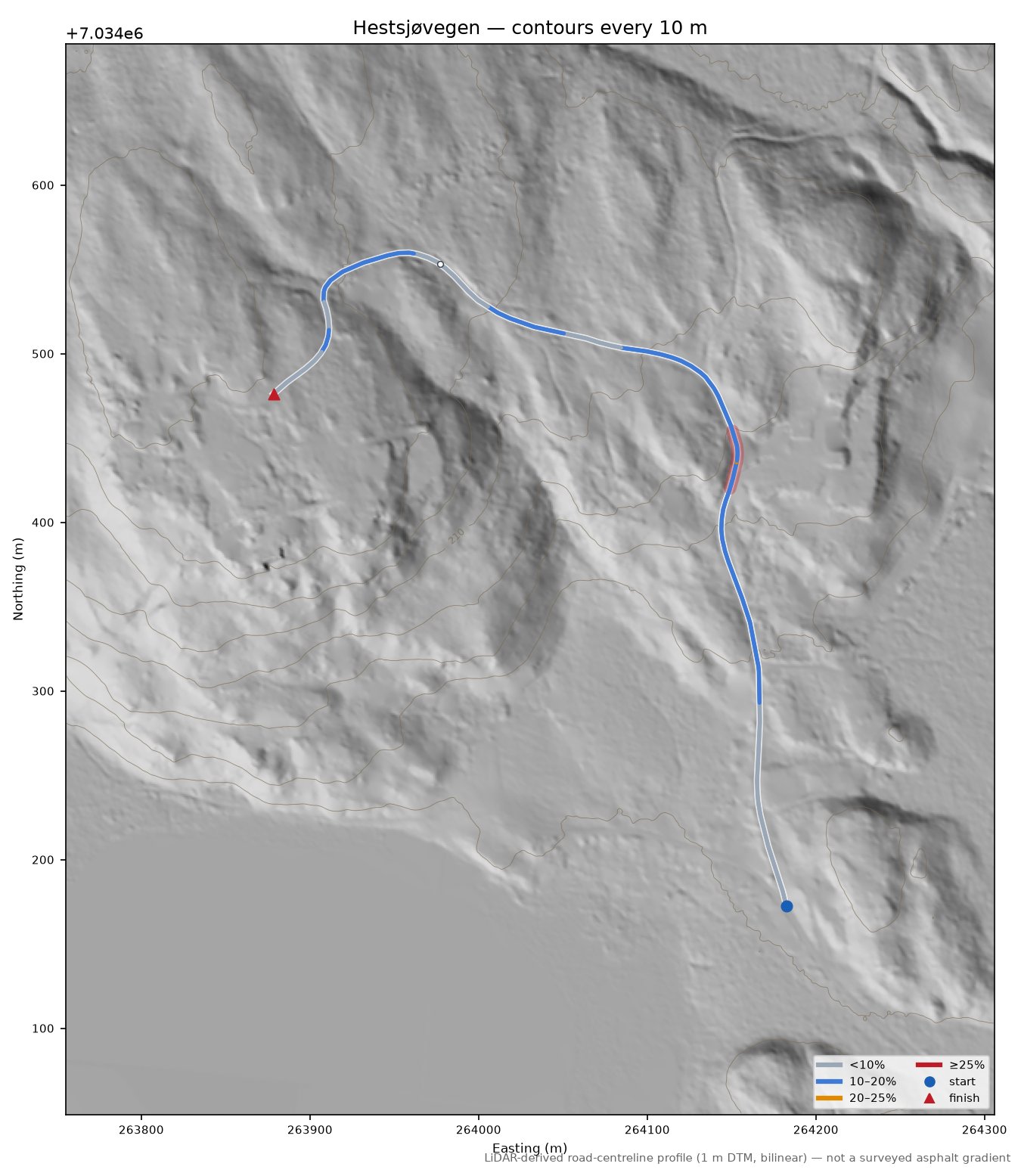 Hestsjøvegen LiDAR hillshade map with contours