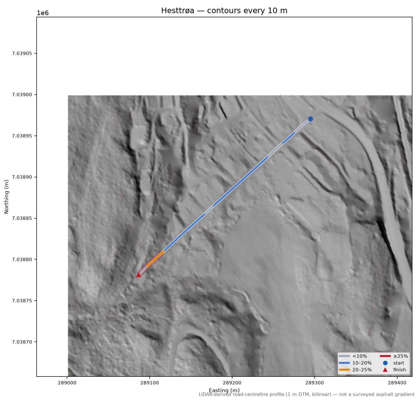Hesttrøa LiDAR hillshade map with contours
