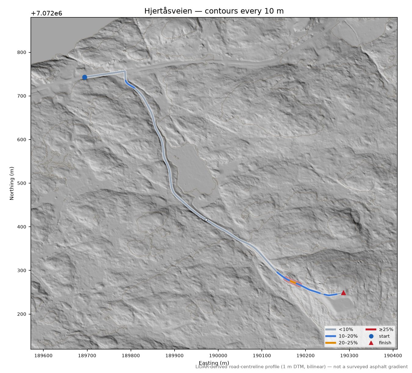 Hjertåsveien LiDAR hillshade map with contours