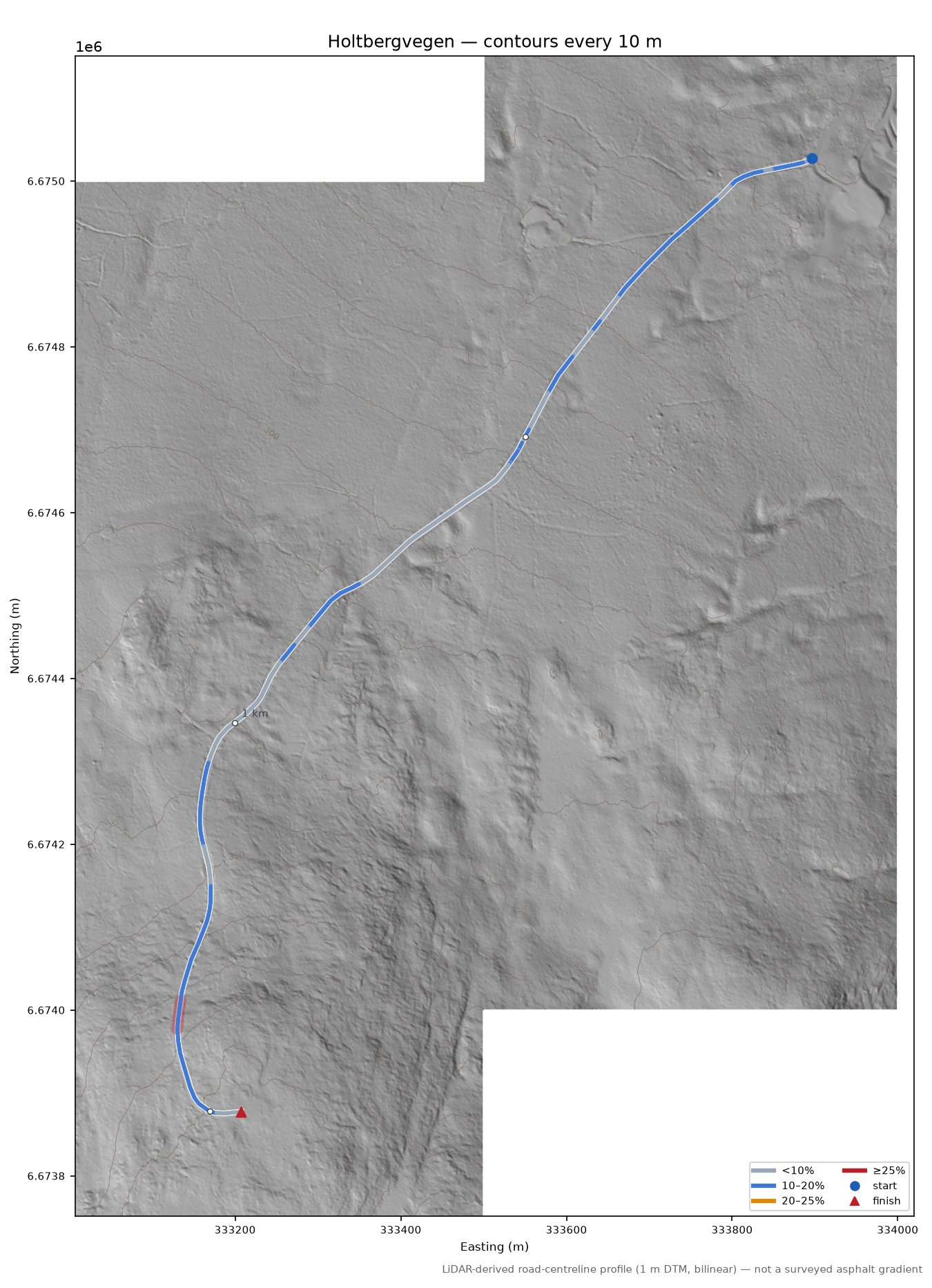 Holtbergvegen LiDAR hillshade map with contours