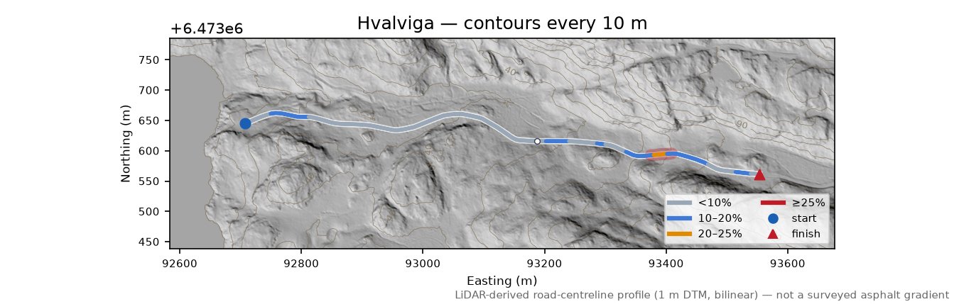 Hvalviga LiDAR hillshade map with contours