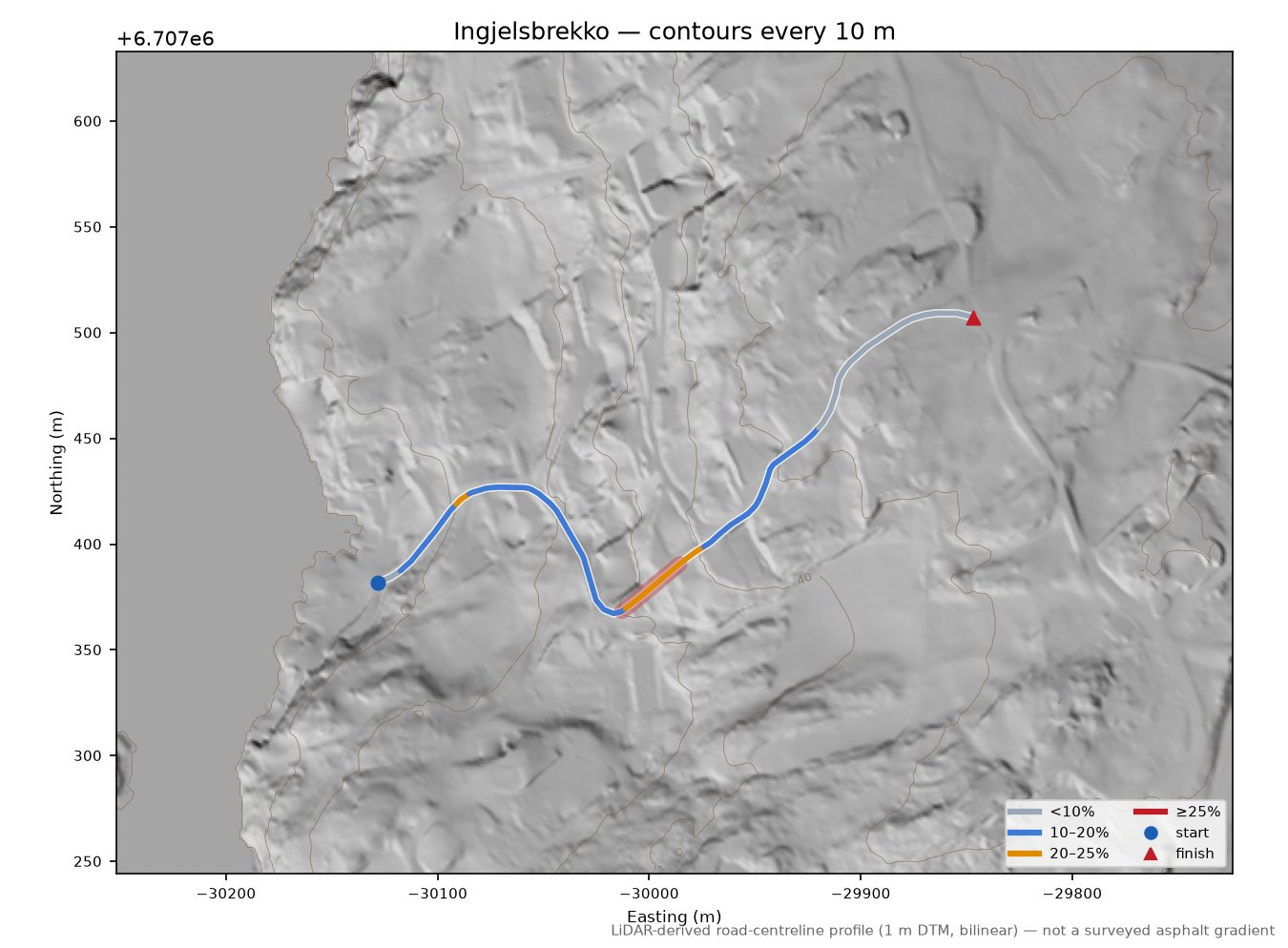 Ingjelsbrekko LiDAR hillshade map with contours