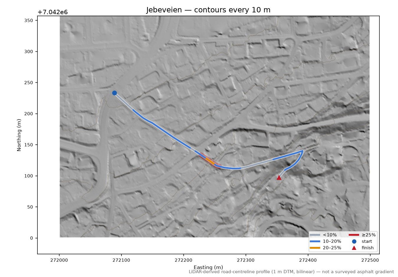 Jebeveien LiDAR hillshade map with contours