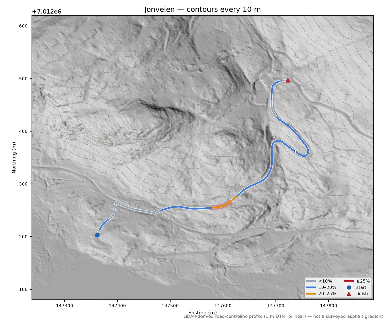 Jonveien LiDAR hillshade map with contours