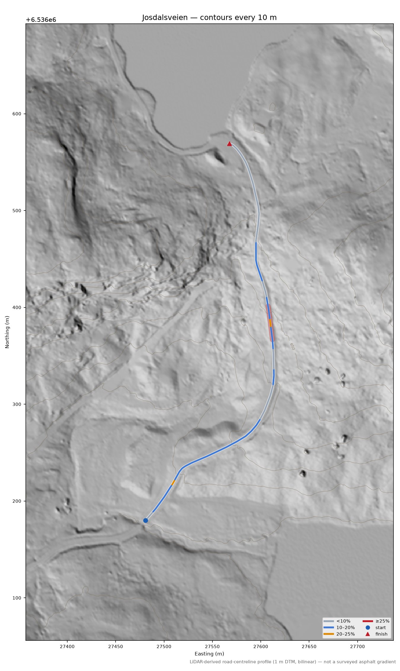 Josdalsveien LiDAR hillshade map with contours