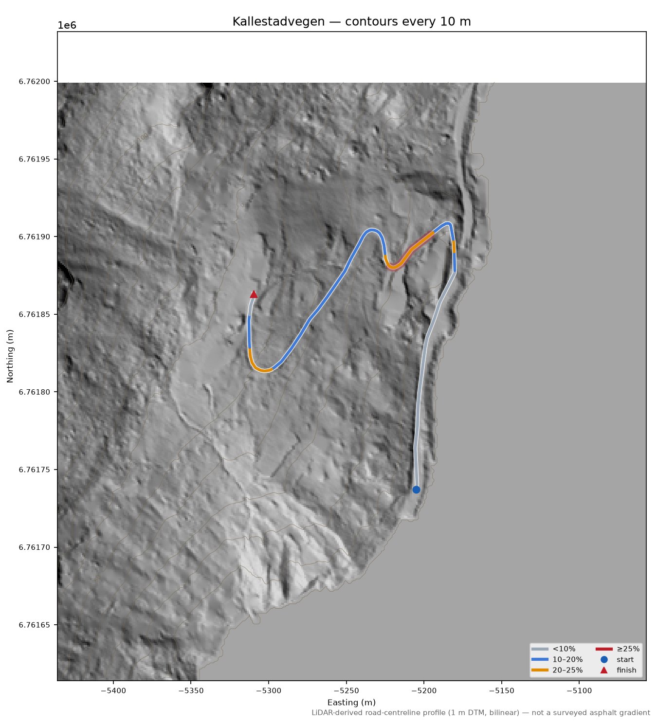 Kallestadvegen LiDAR hillshade map with contours