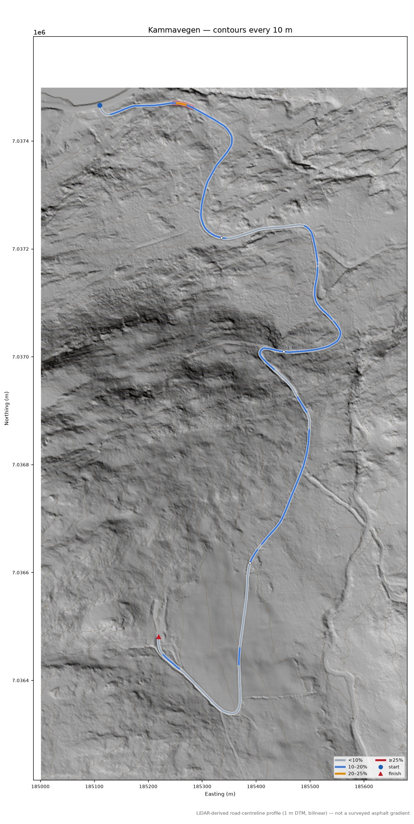 Kammavegen LiDAR hillshade map with contours