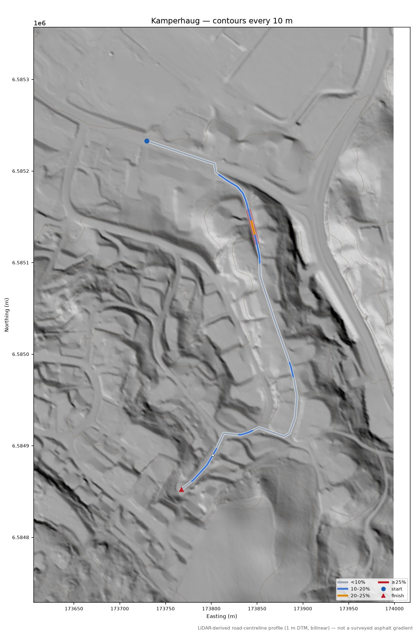 Kamperhaug LiDAR hillshade map with contours