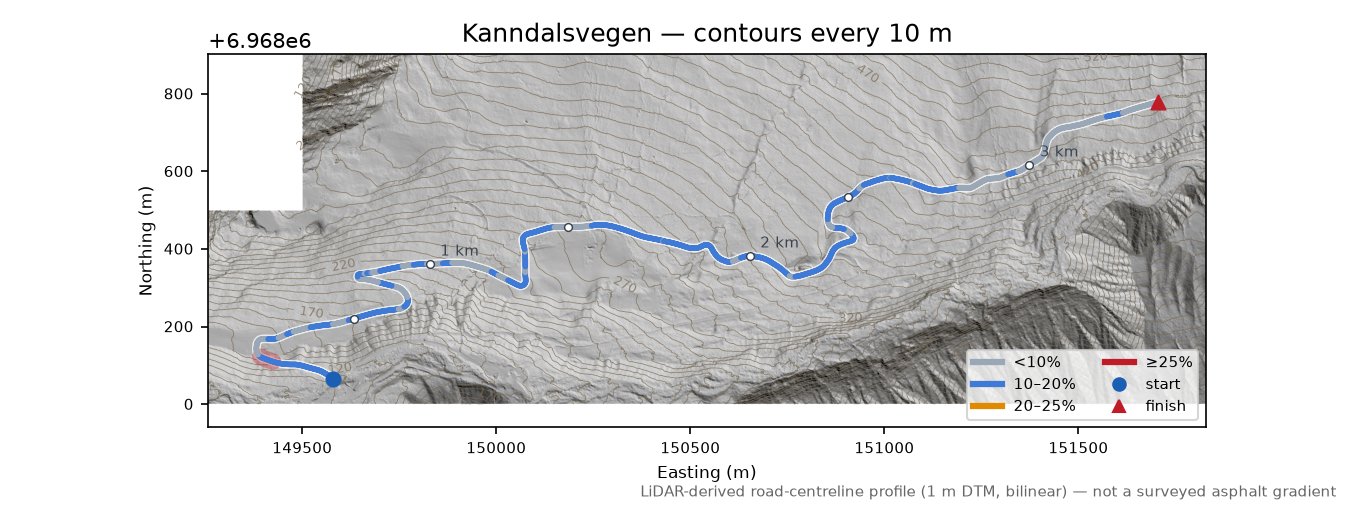 Kanndalsvegen LiDAR hillshade map with contours