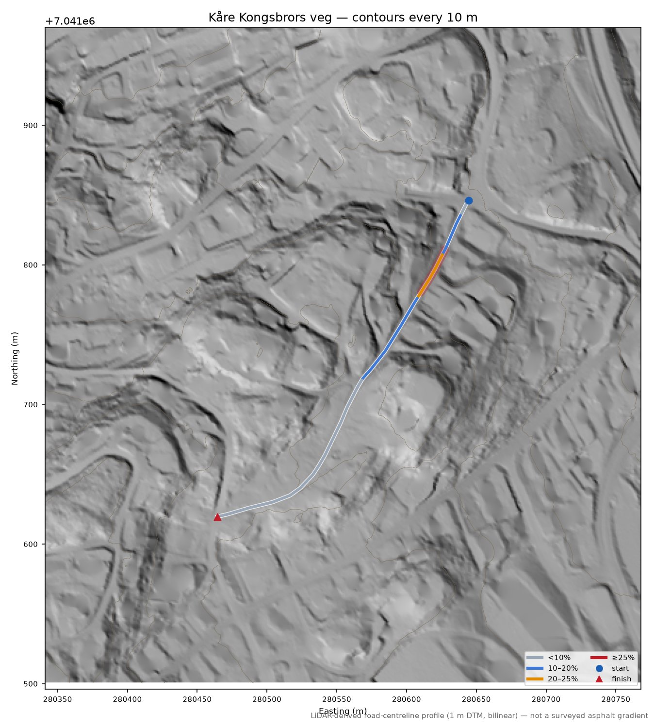Kåre Kongsbrors veg LiDAR hillshade map with contours