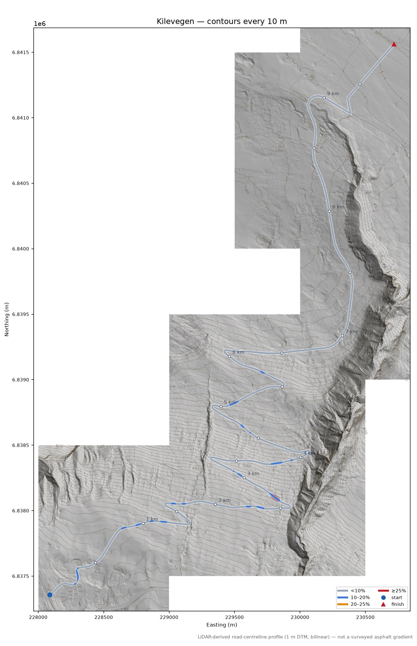 Kilevegen LiDAR hillshade map with contours