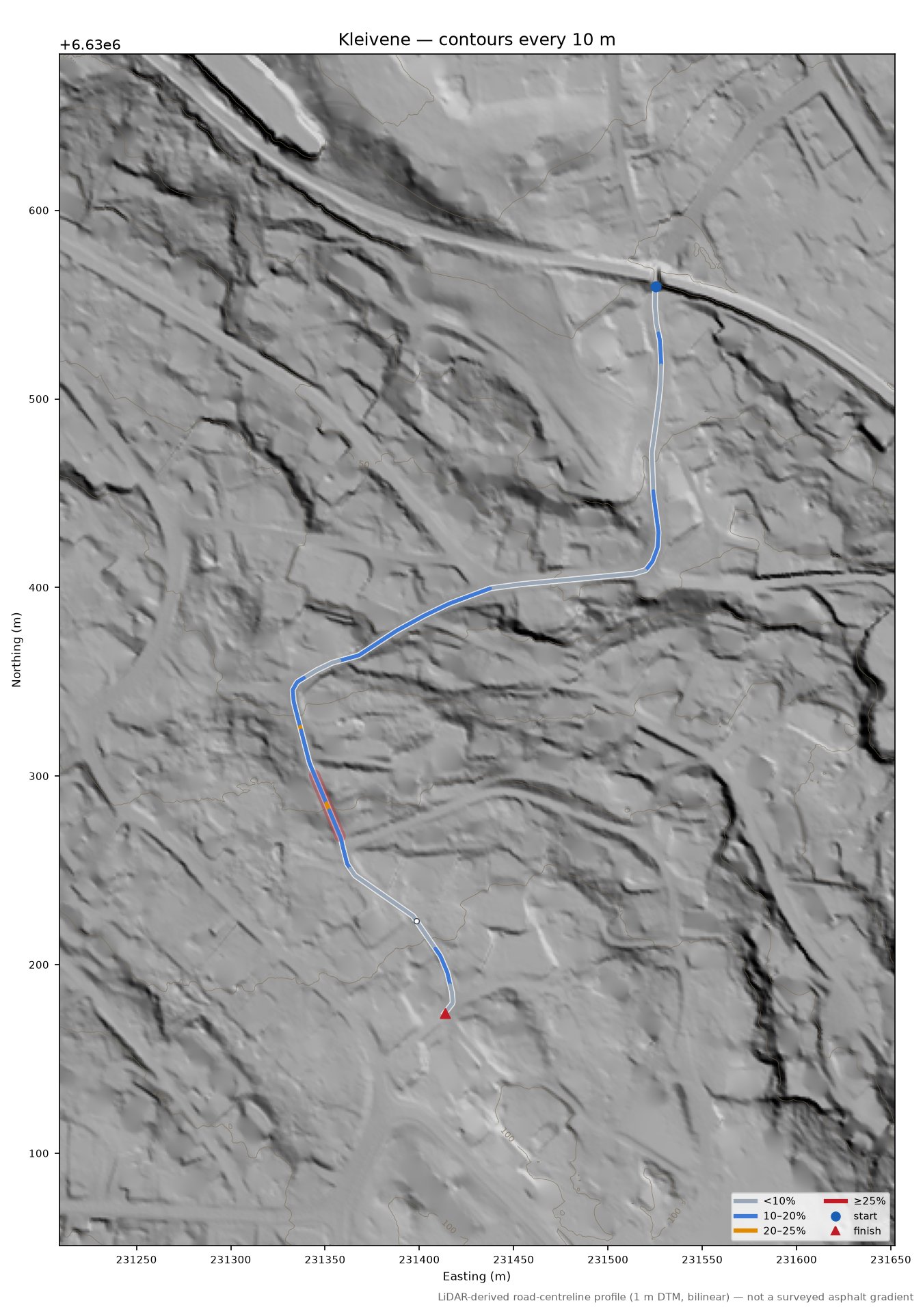 Kleivene LiDAR hillshade map with contours