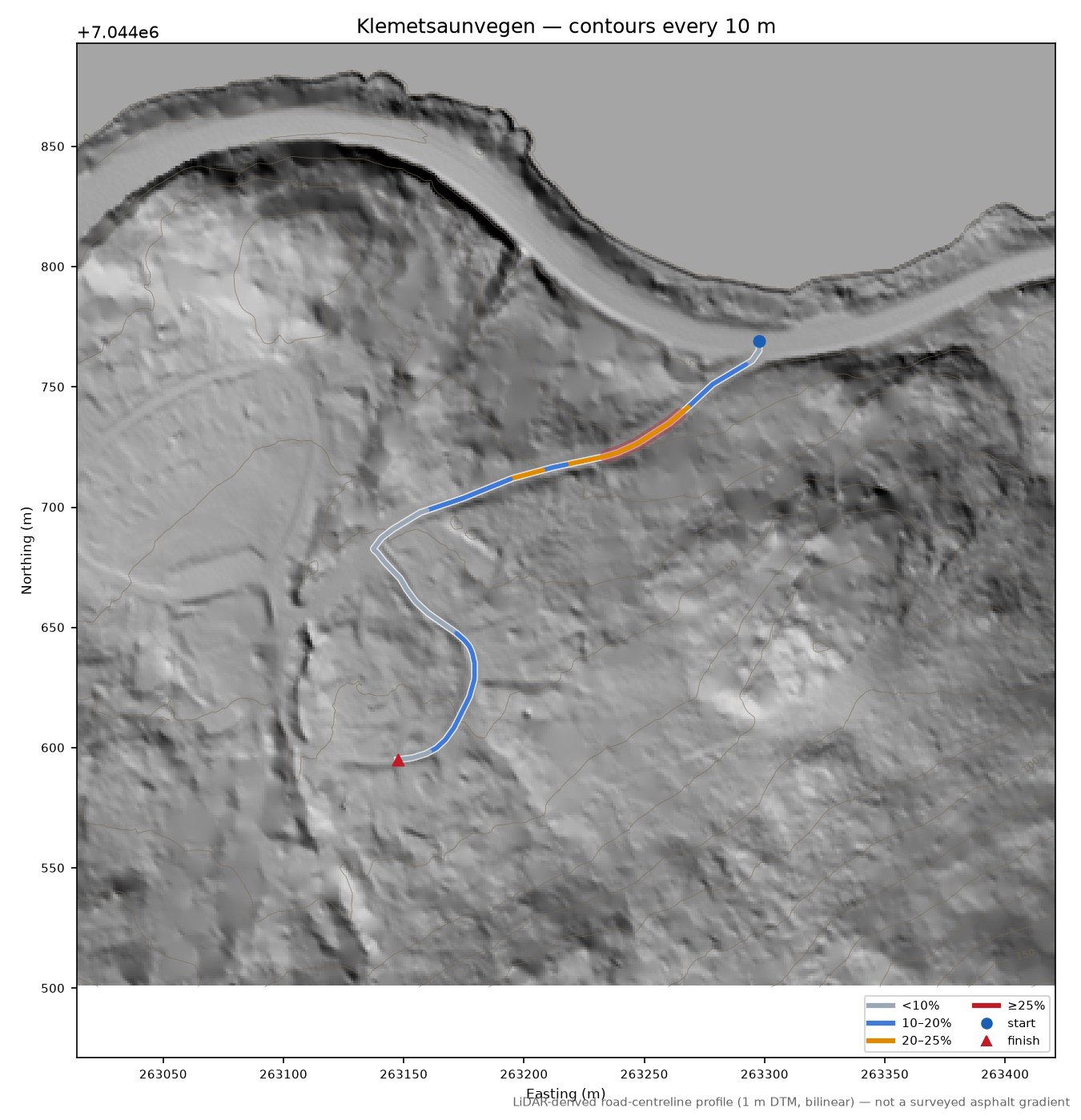 Klemetsaunvegen LiDAR hillshade map with contours