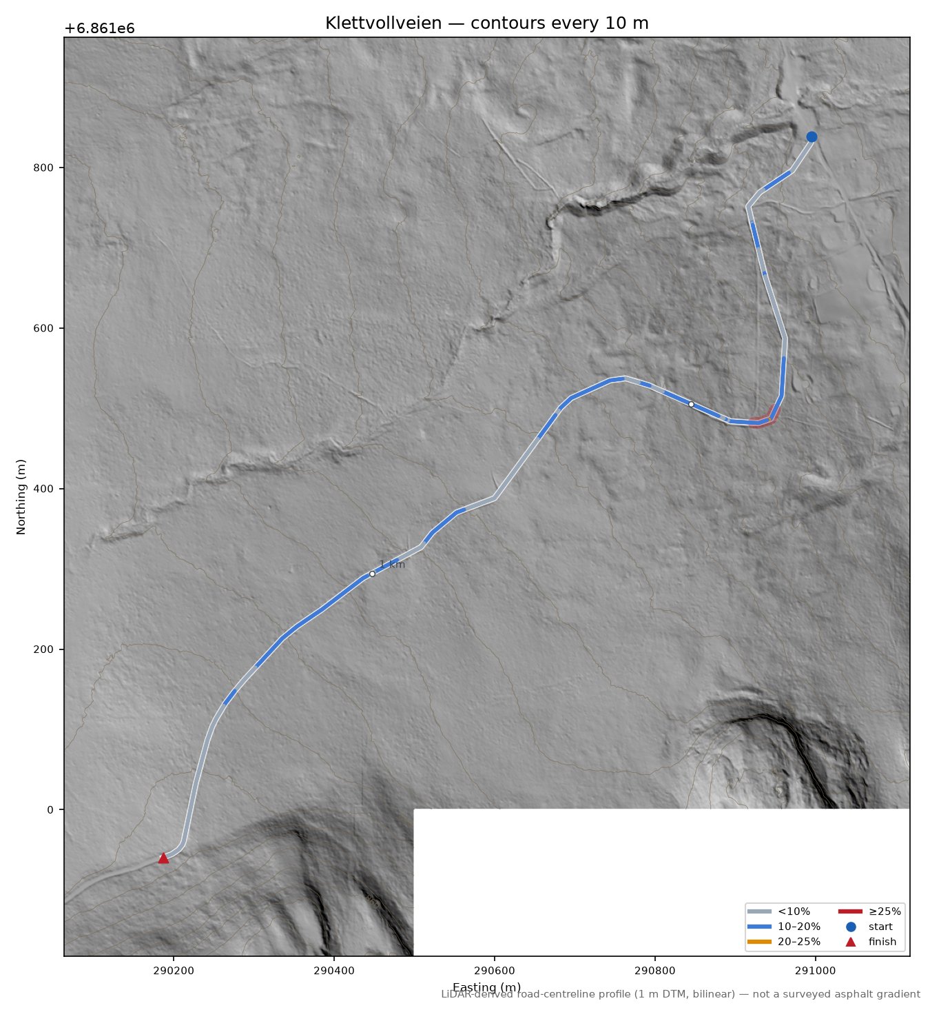 Klettvollveien LiDAR hillshade map with contours