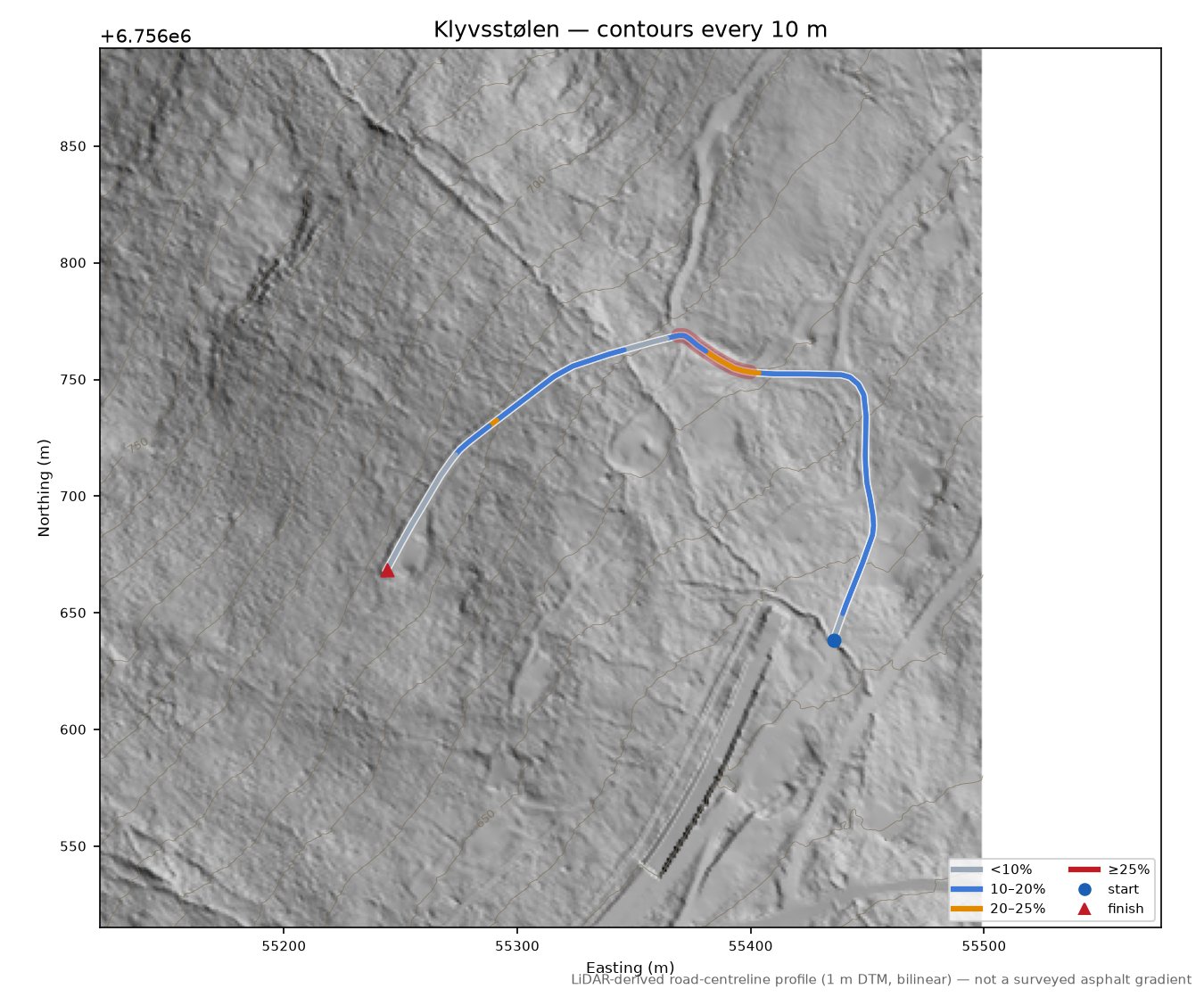 Klyvsstølen LiDAR hillshade map with contours