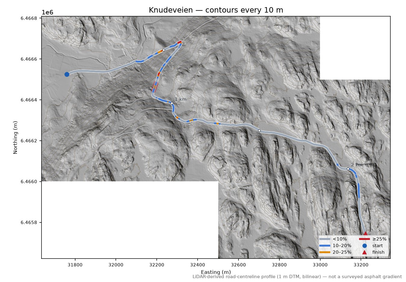 Knudeveien LiDAR hillshade map with contours