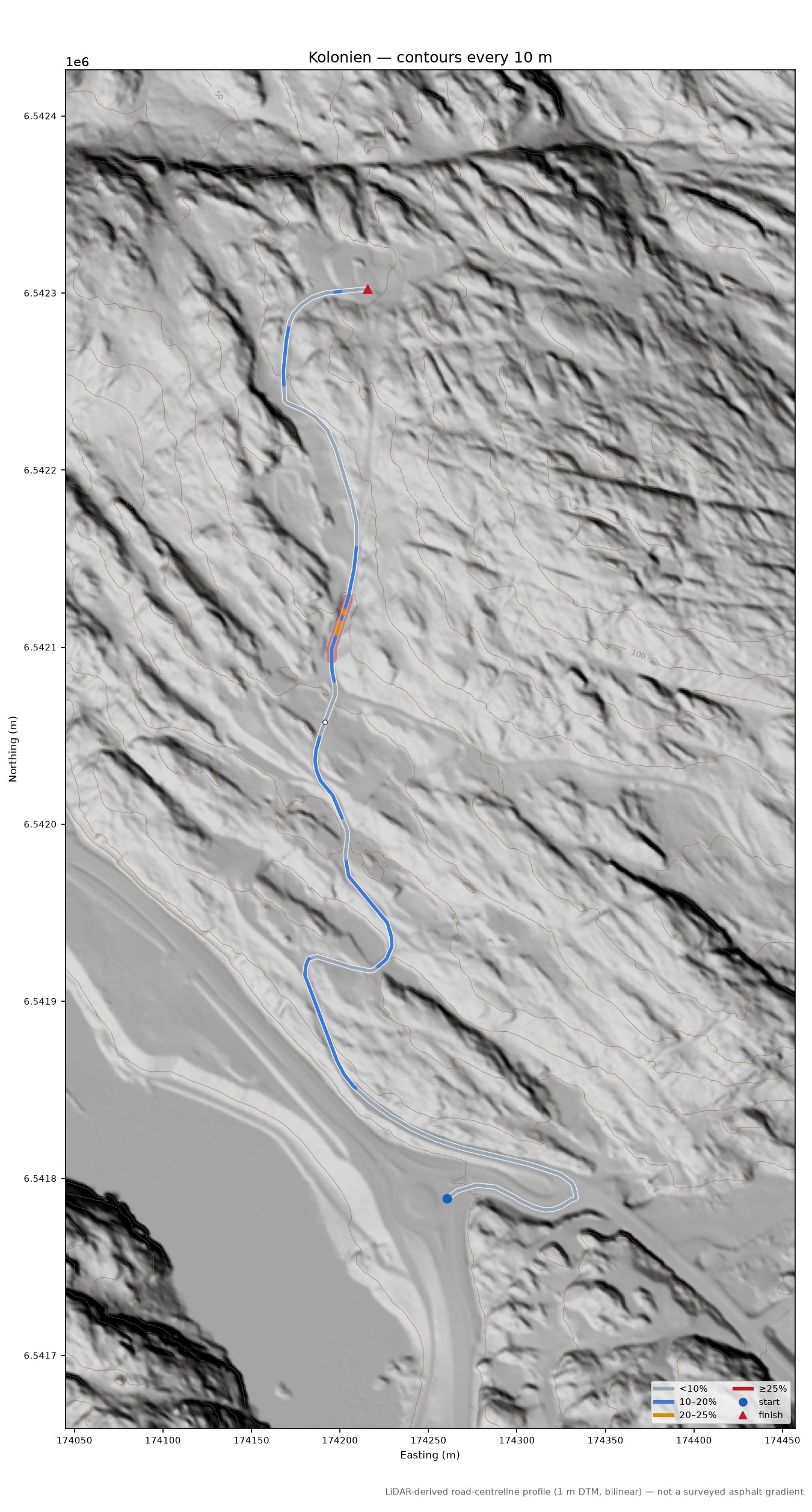 Kolonien LiDAR hillshade map with contours