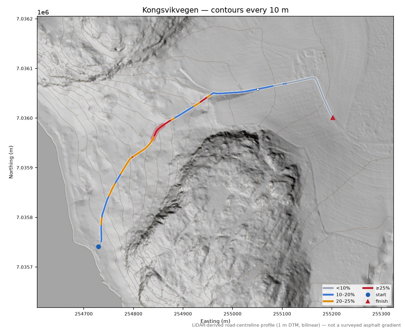 Kongsvikvegen LiDAR hillshade map with contours