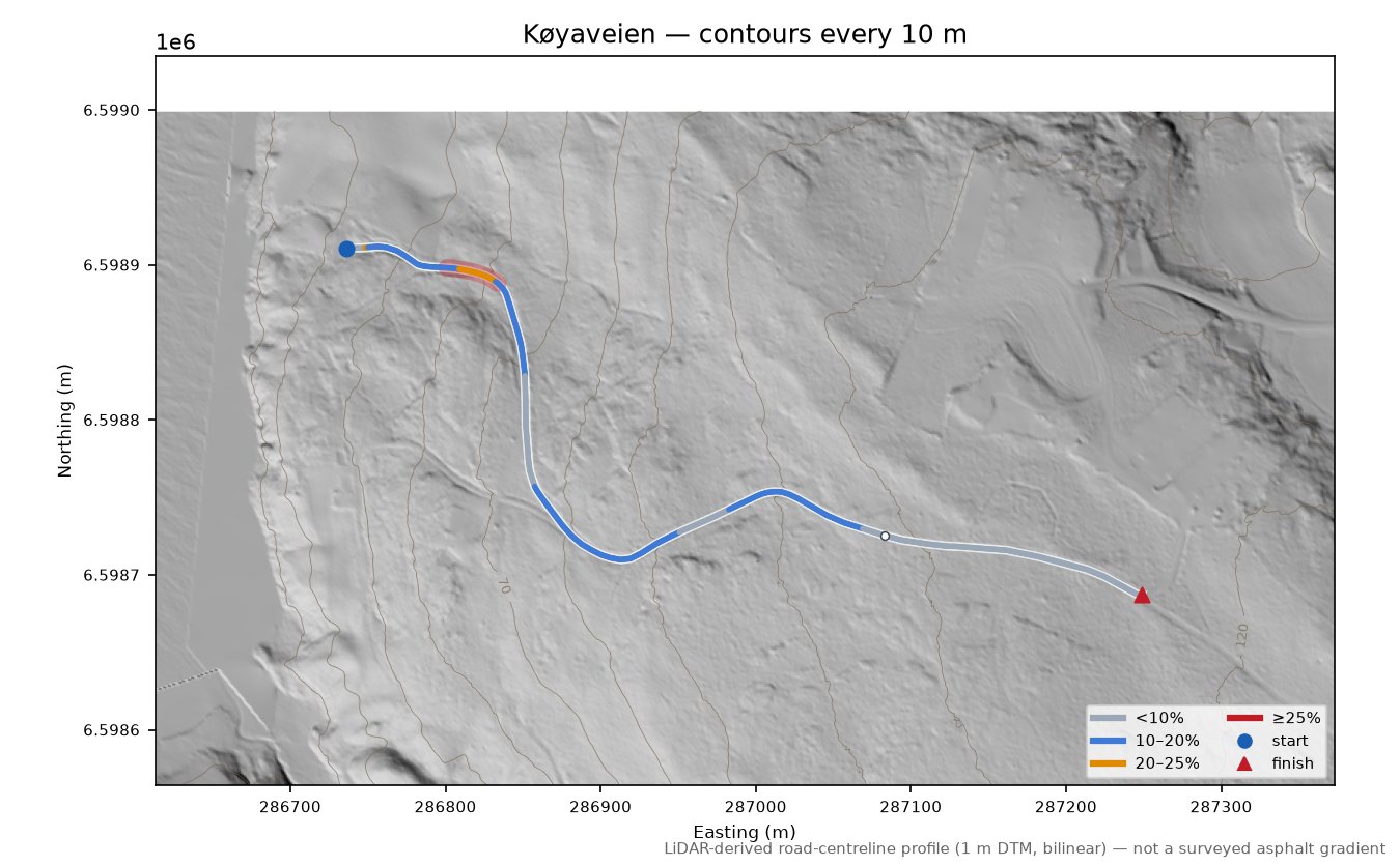 Køyaveien LiDAR hillshade map with contours