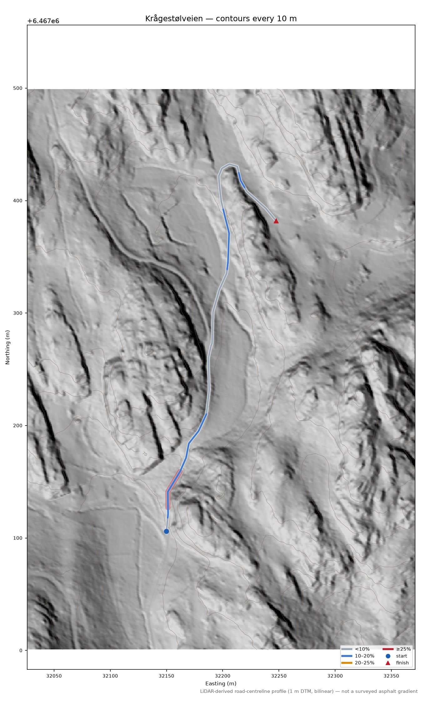 Krågestølveien LiDAR hillshade map with contours
