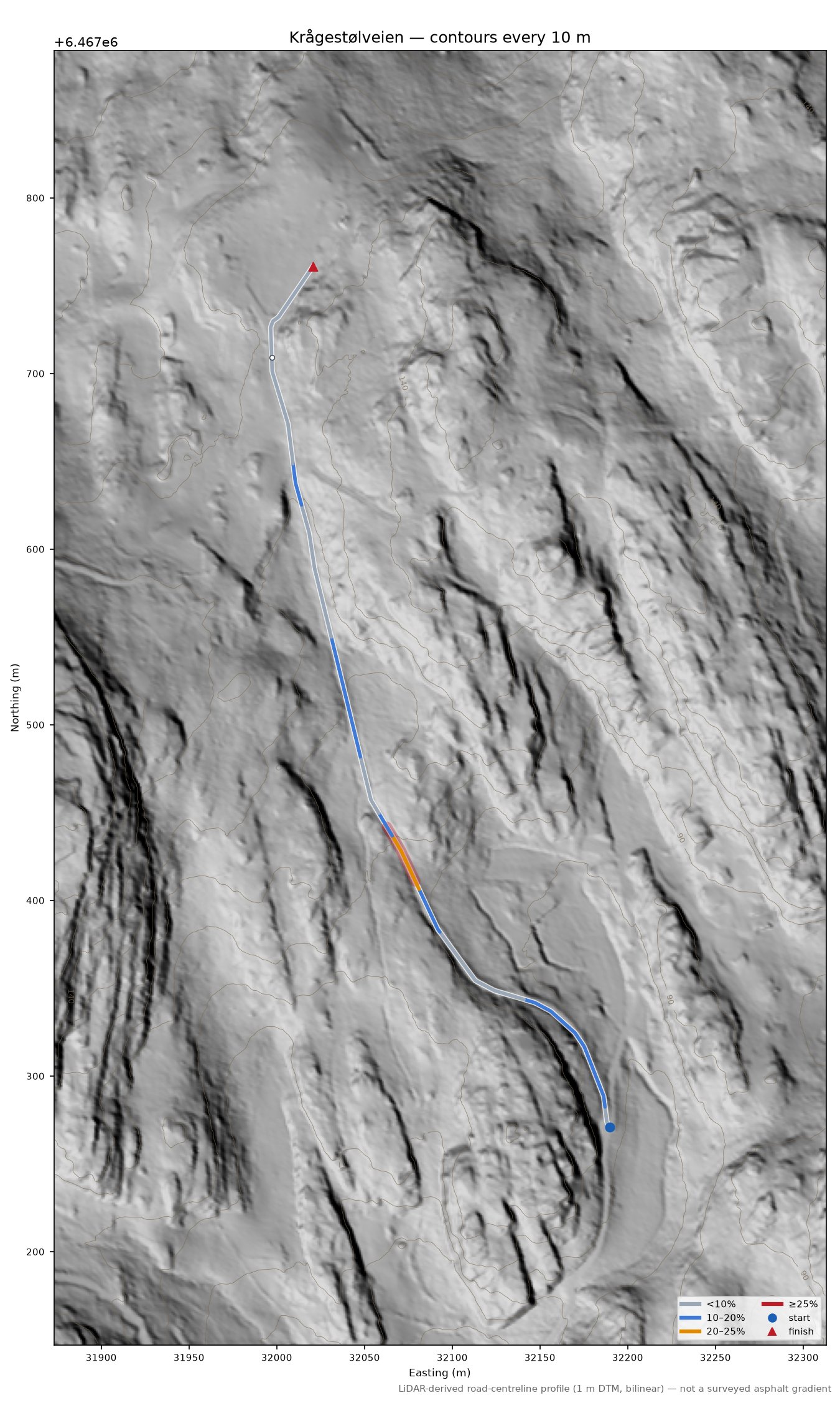 Krågestølveien LiDAR hillshade map with contours
