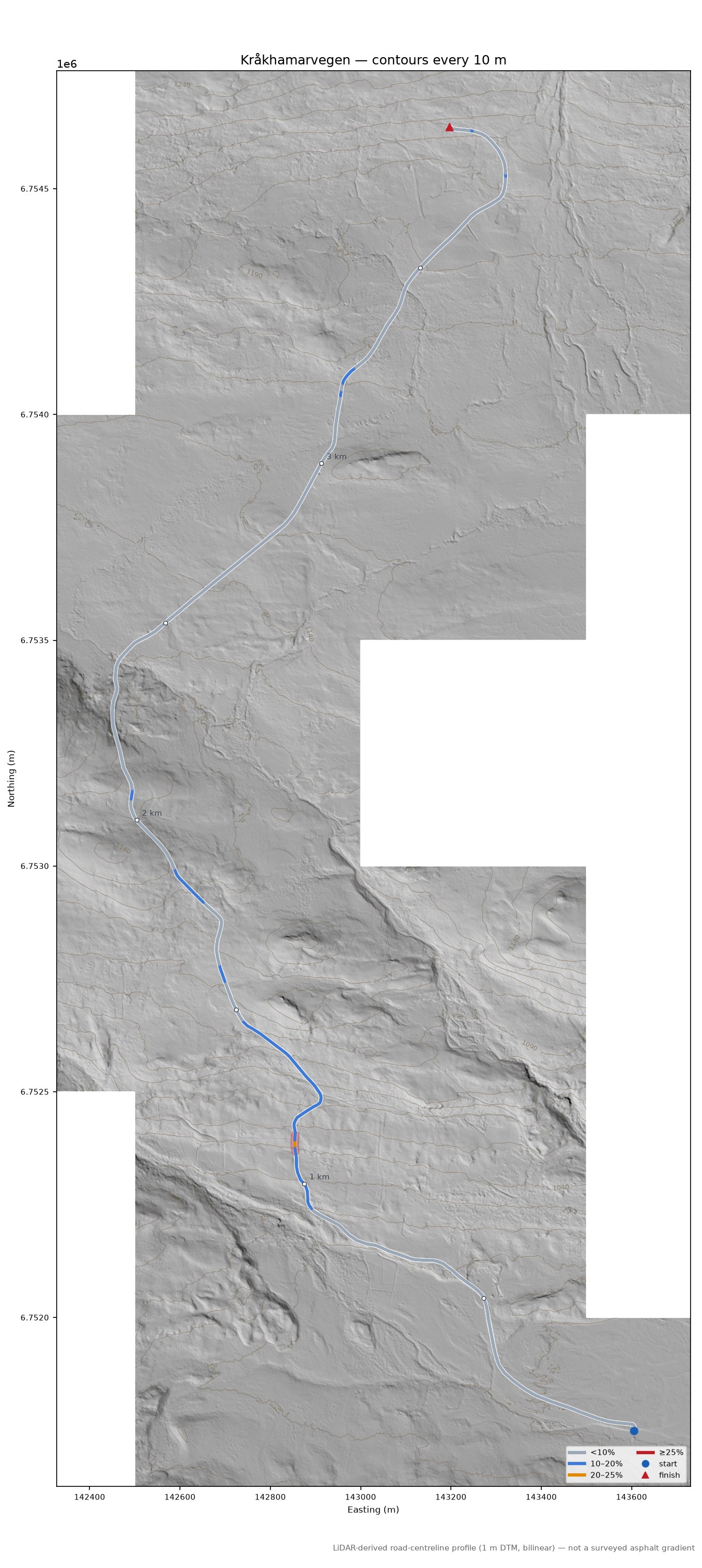 Kråkhamarvegen LiDAR hillshade map with contours