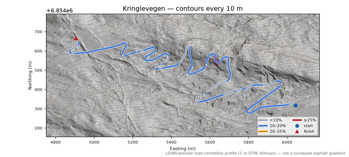 Kringlevegen LiDAR hillshade map with contours