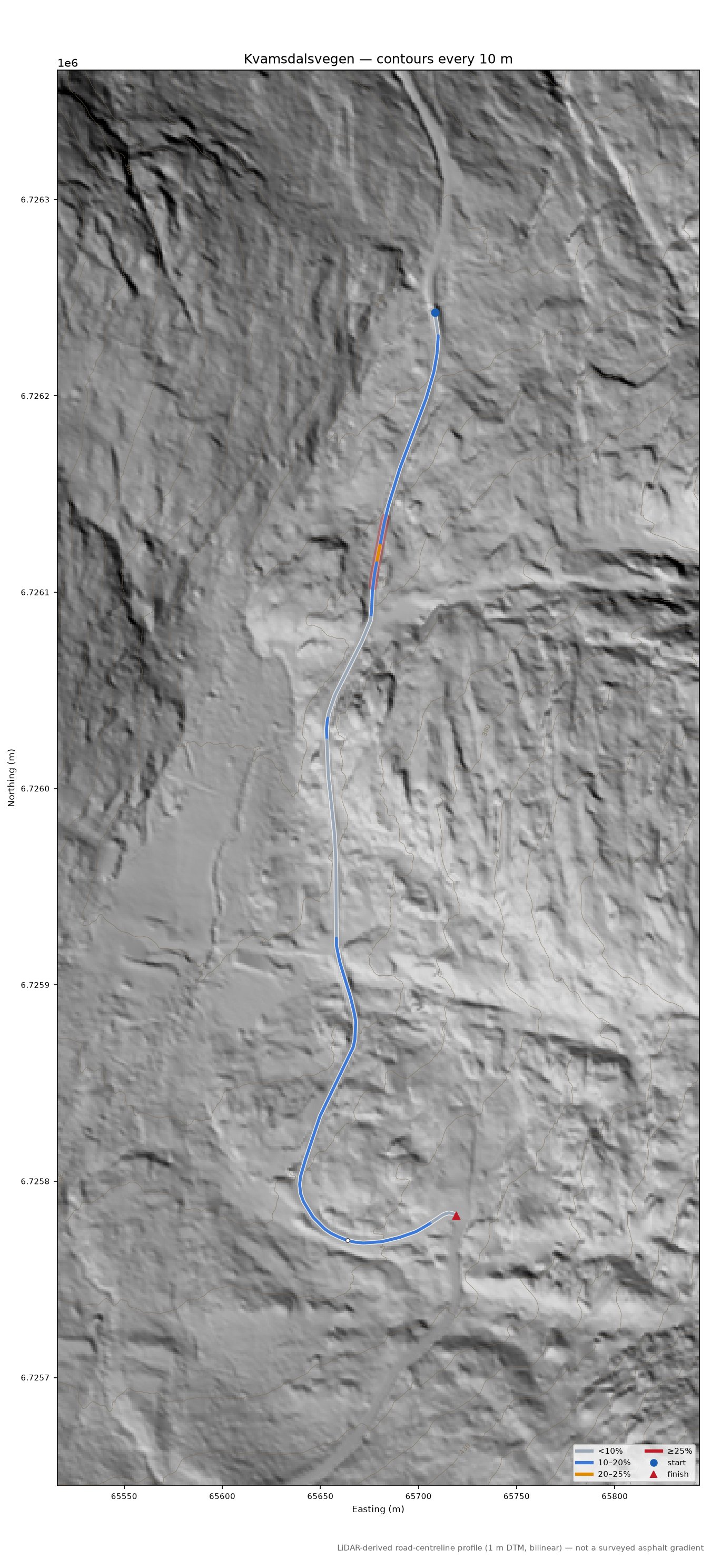 Kvamsdalsvegen LiDAR hillshade map with contours