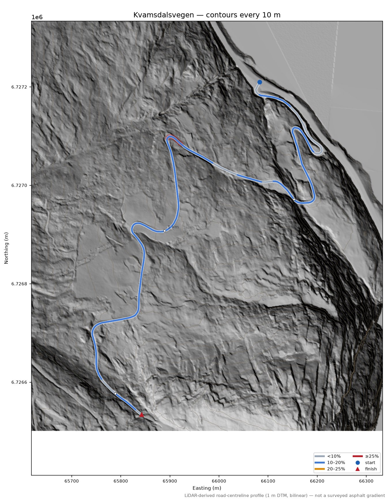Kvamsdalsvegen LiDAR hillshade map with contours