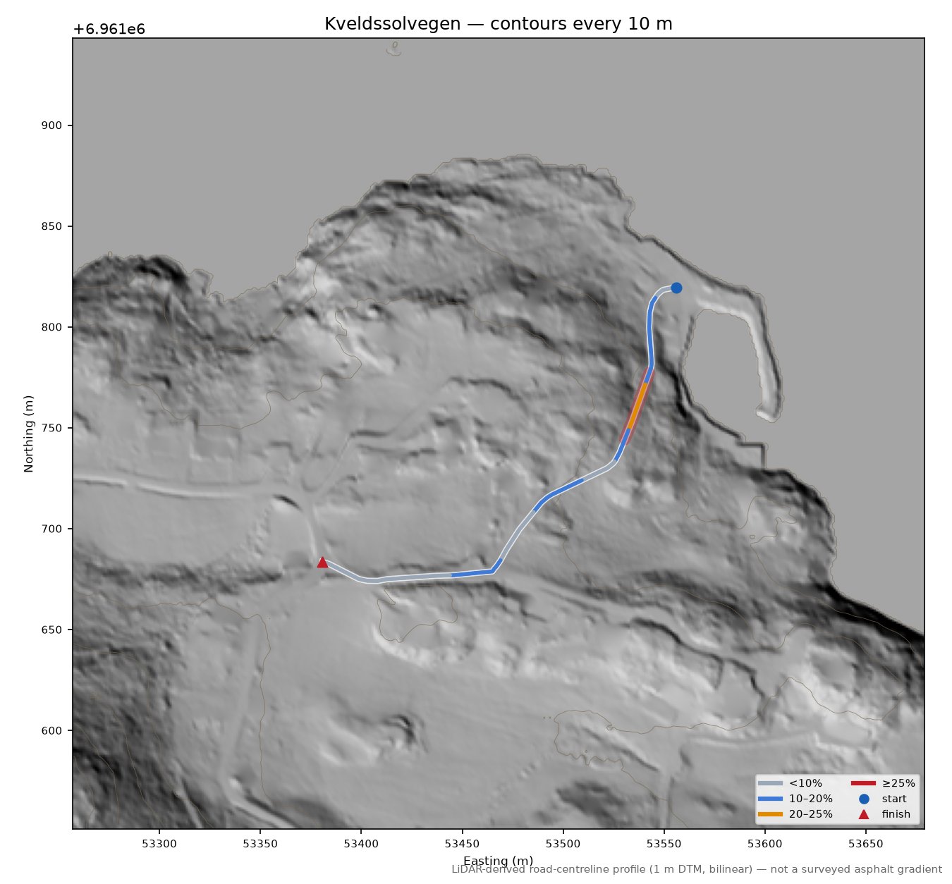 Kveldssolvegen LiDAR hillshade map with contours