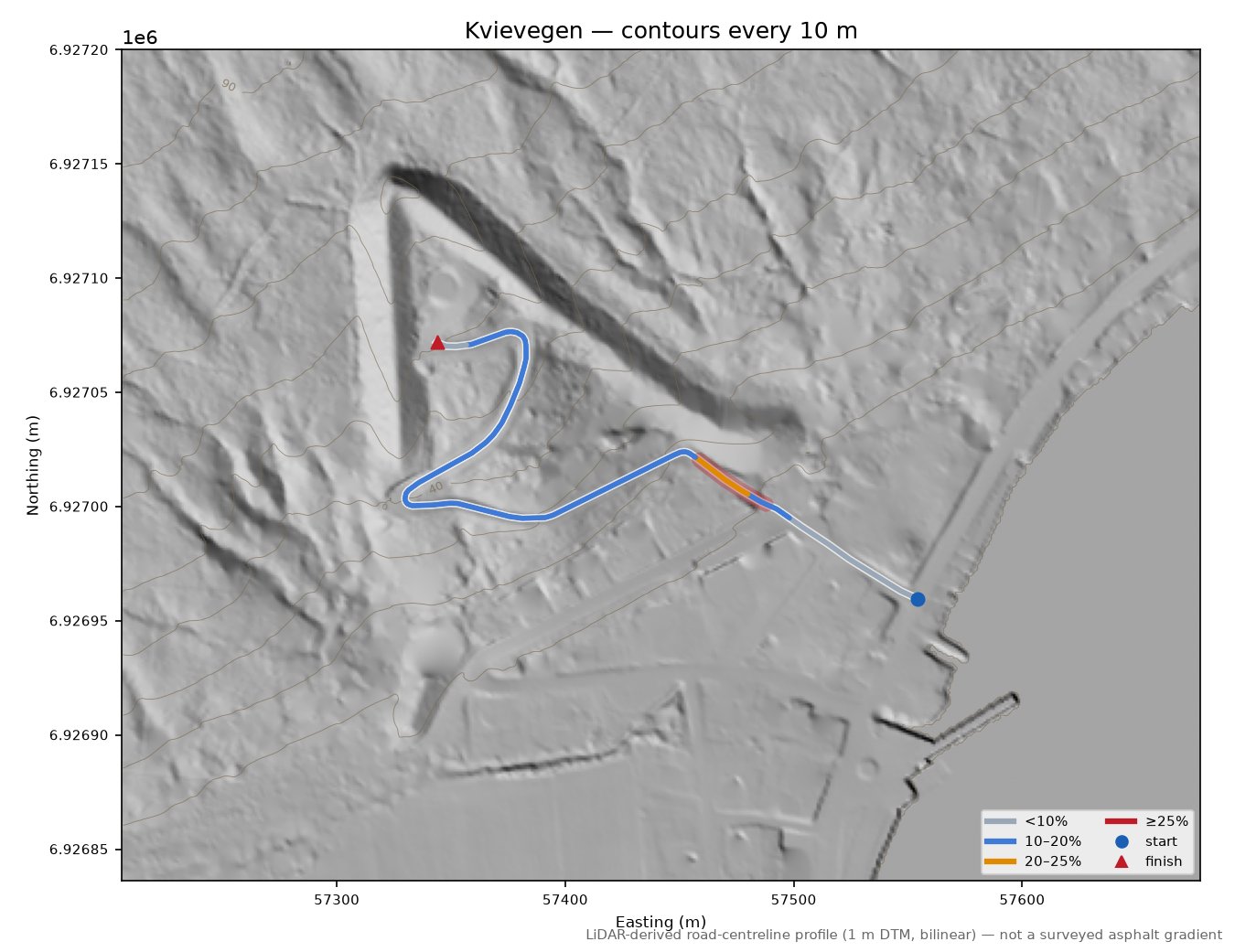 Kvievegen LiDAR hillshade map with contours