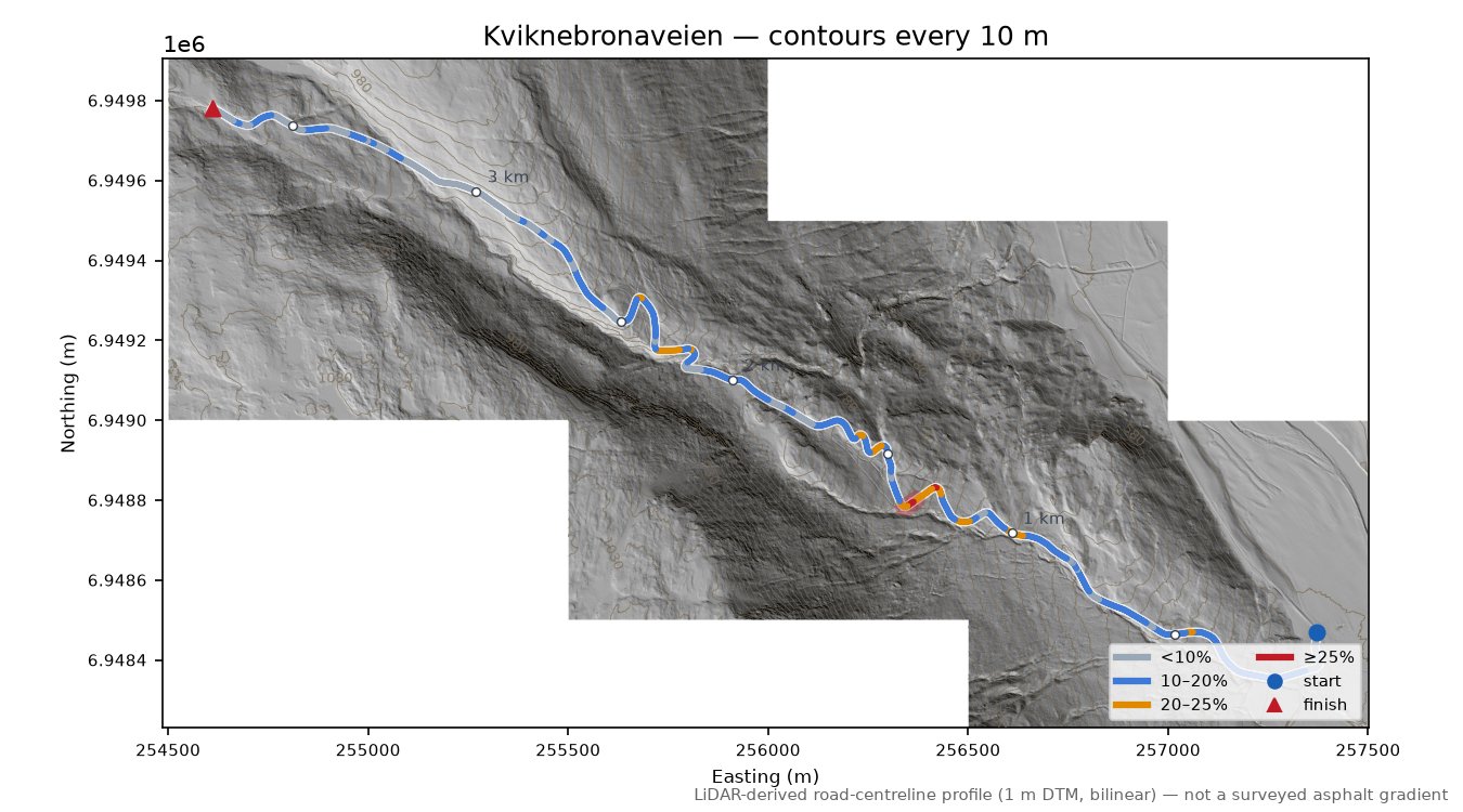 Kviknebronaveien LiDAR hillshade map with contours