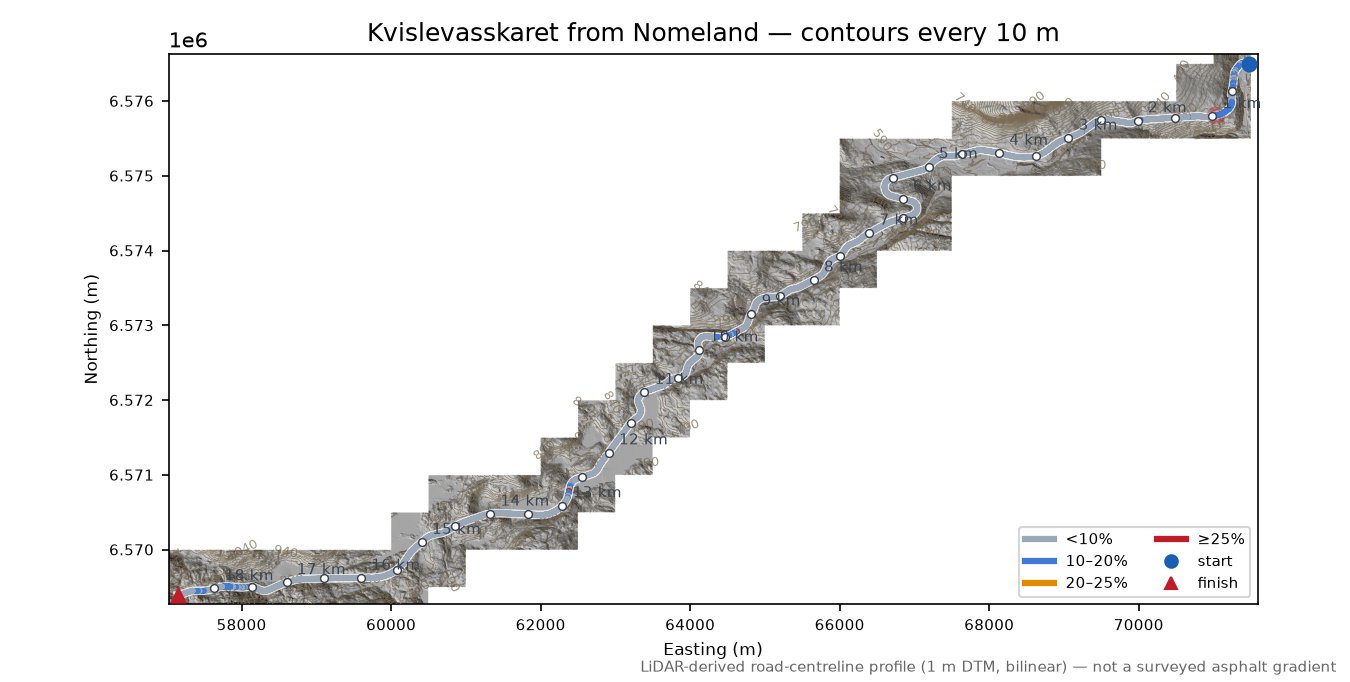 Kvislevasskaret from Nomeland LiDAR hillshade map with contours