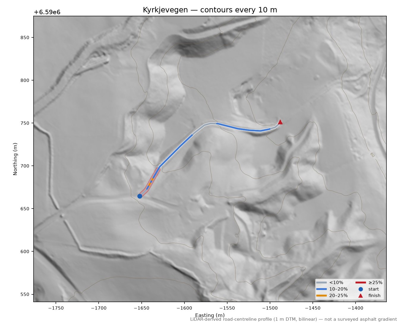 Kyrkjevegen LiDAR hillshade map with contours