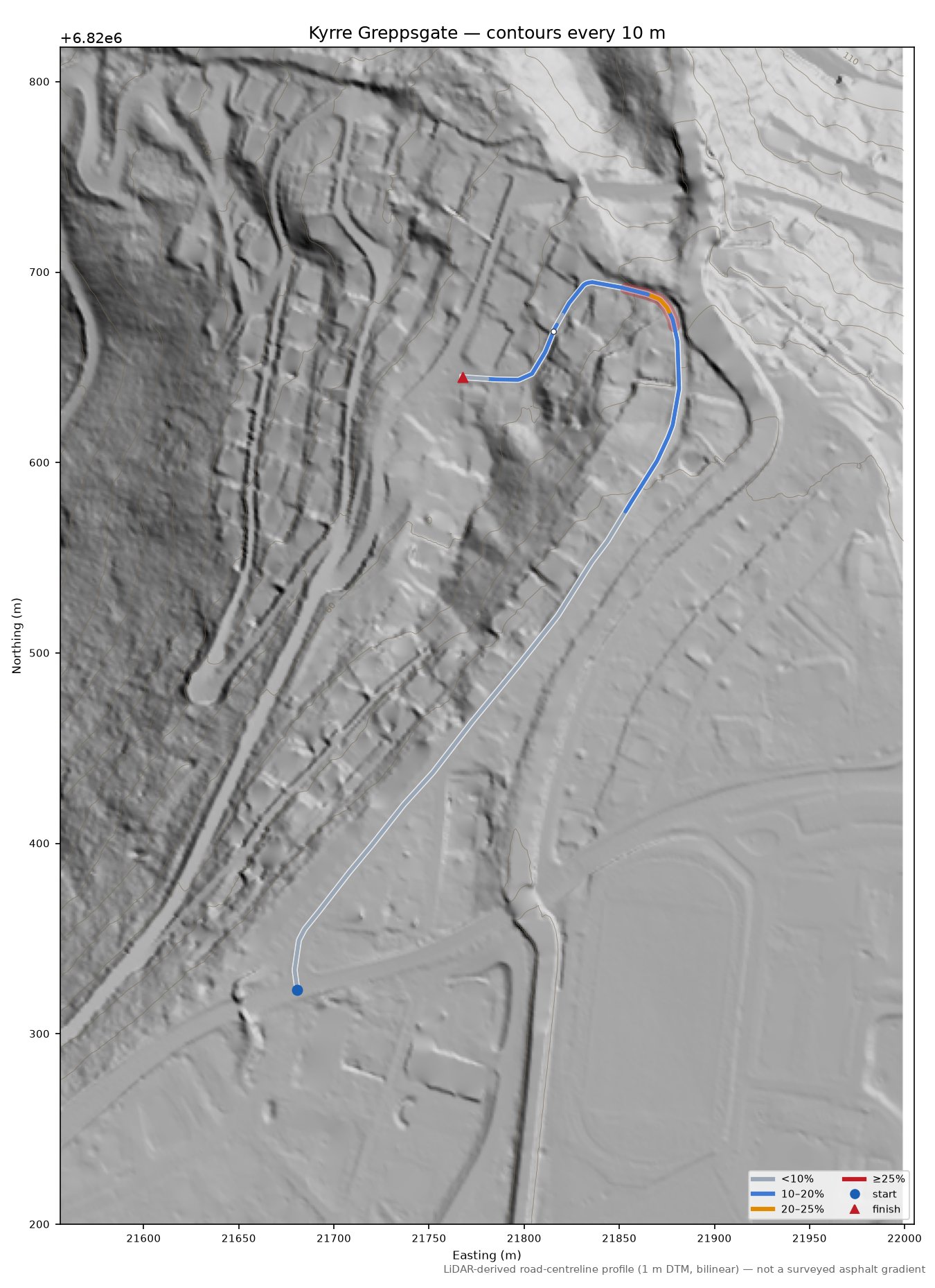 Kyrre Greppsgate LiDAR hillshade map with contours