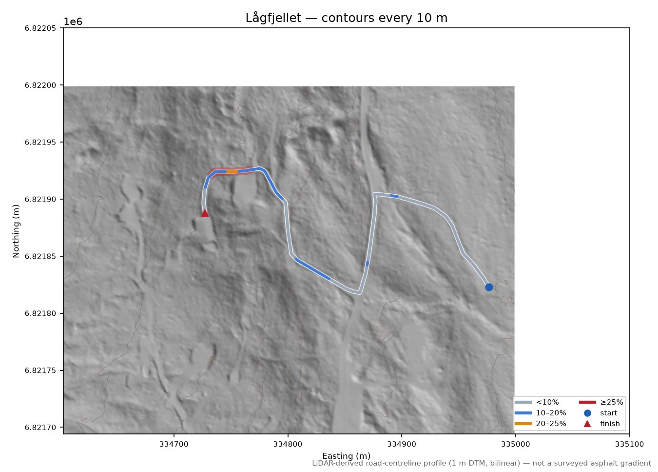 Lågfjellet LiDAR hillshade map with contours