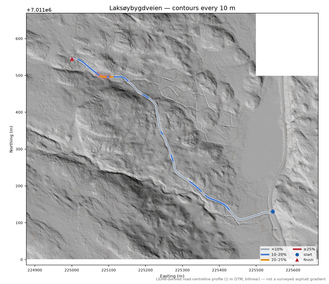 Laksøybygdveien LiDAR hillshade map with contours