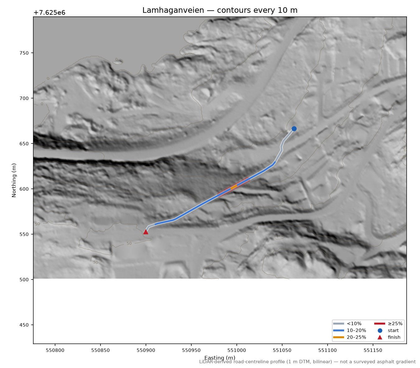 Lamhaganveien LiDAR hillshade map with contours