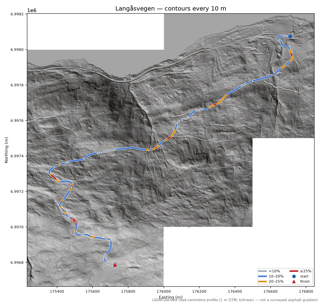 Langåsvegen LiDAR hillshade map with contours