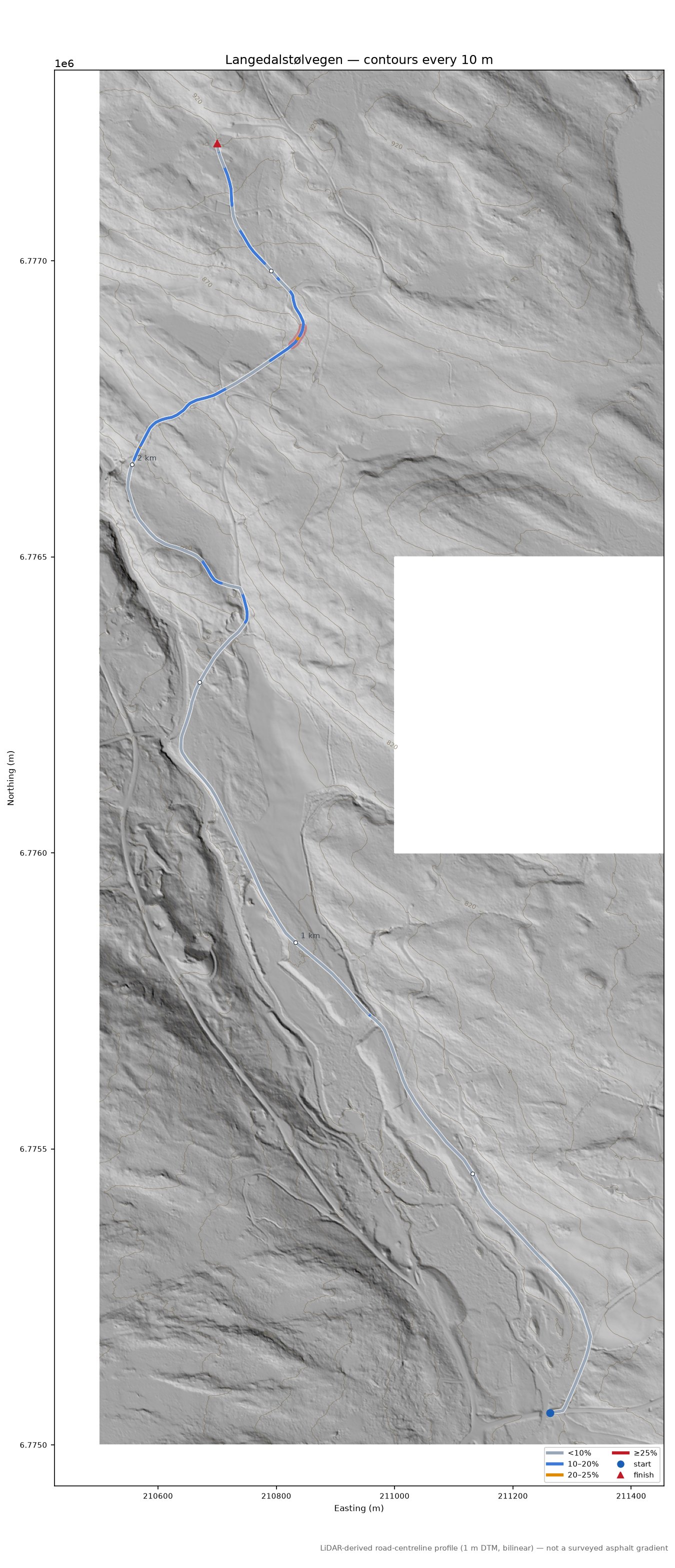 Langedalstølvegen LiDAR hillshade map with contours