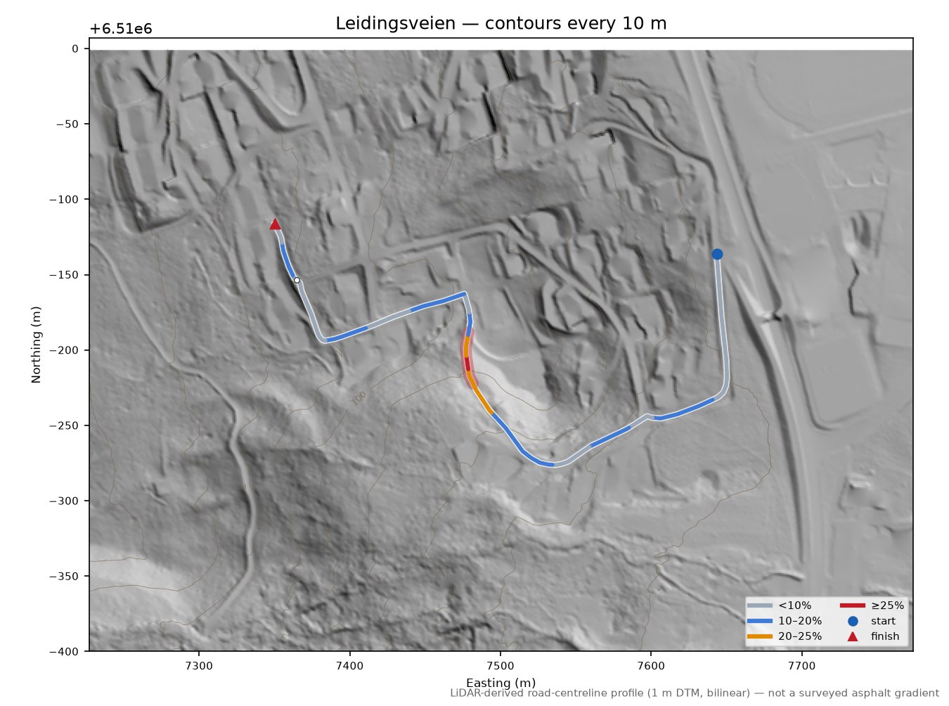 Leidingsveien LiDAR hillshade map with contours