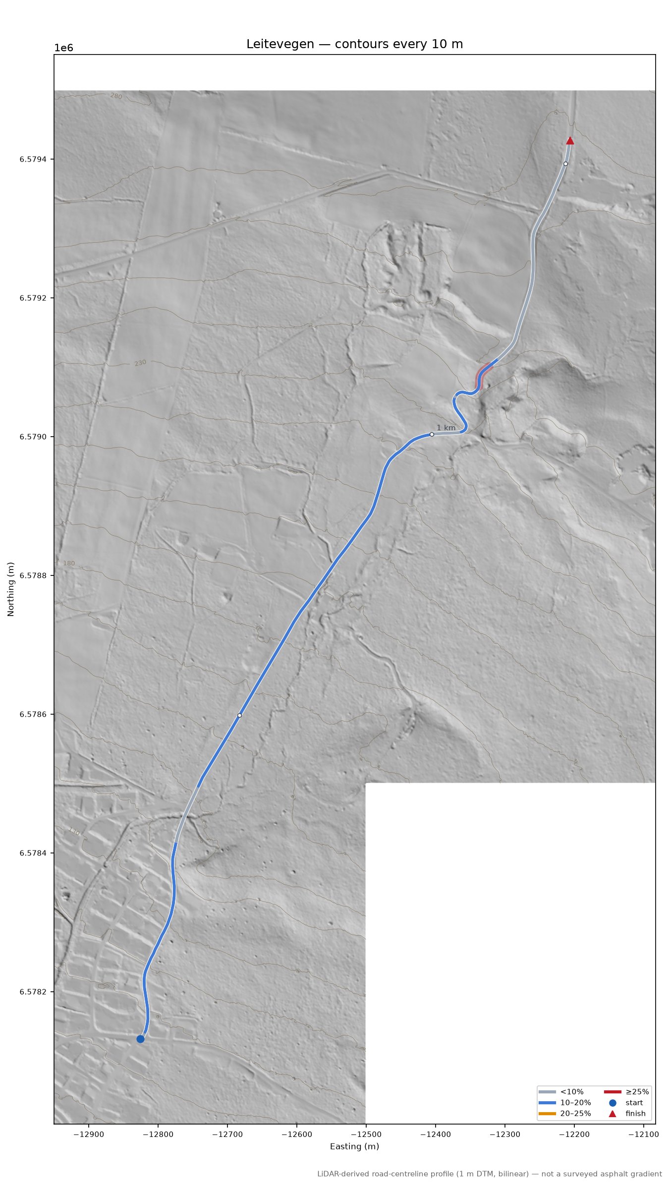 Leitevegen LiDAR hillshade map with contours