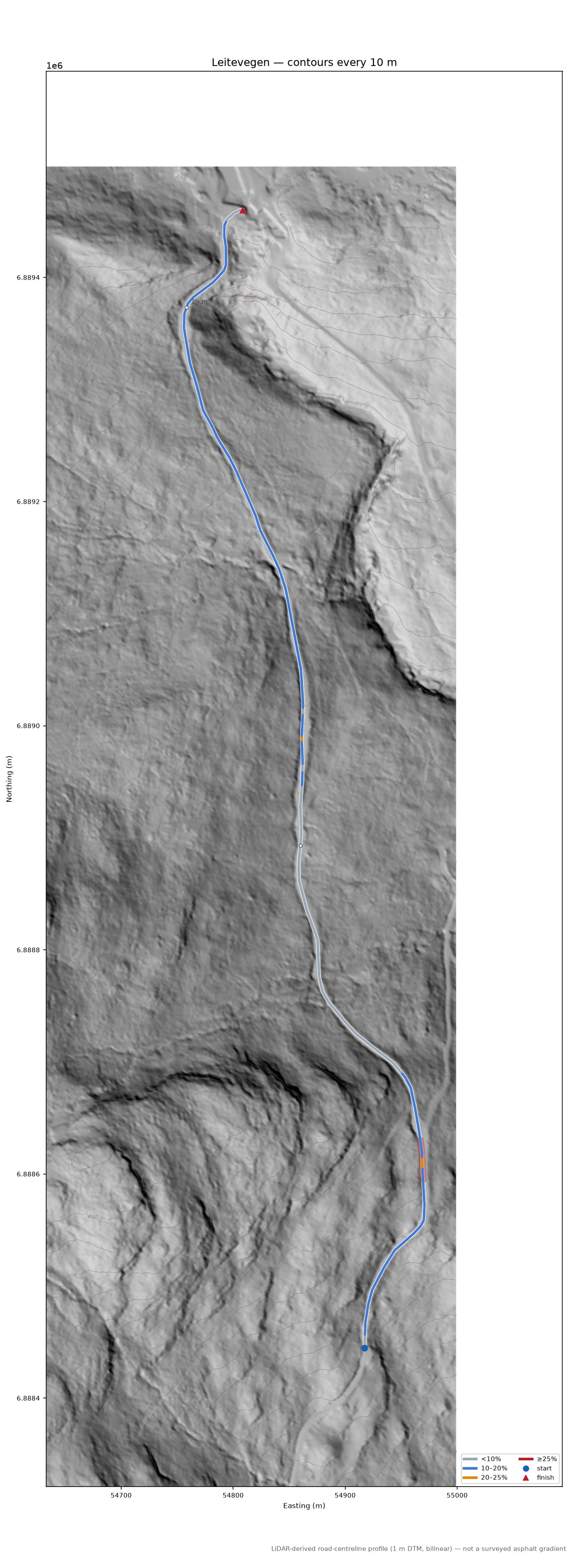 Leitevegen LiDAR hillshade map with contours