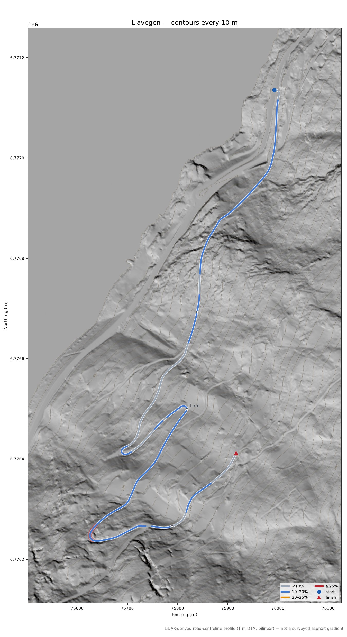 Liavegen LiDAR hillshade map with contours