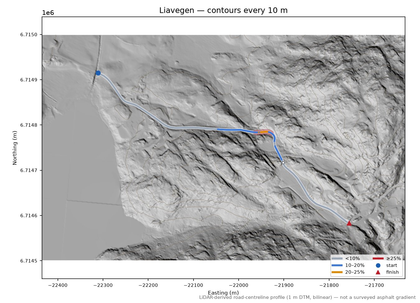 Liavegen LiDAR hillshade map with contours