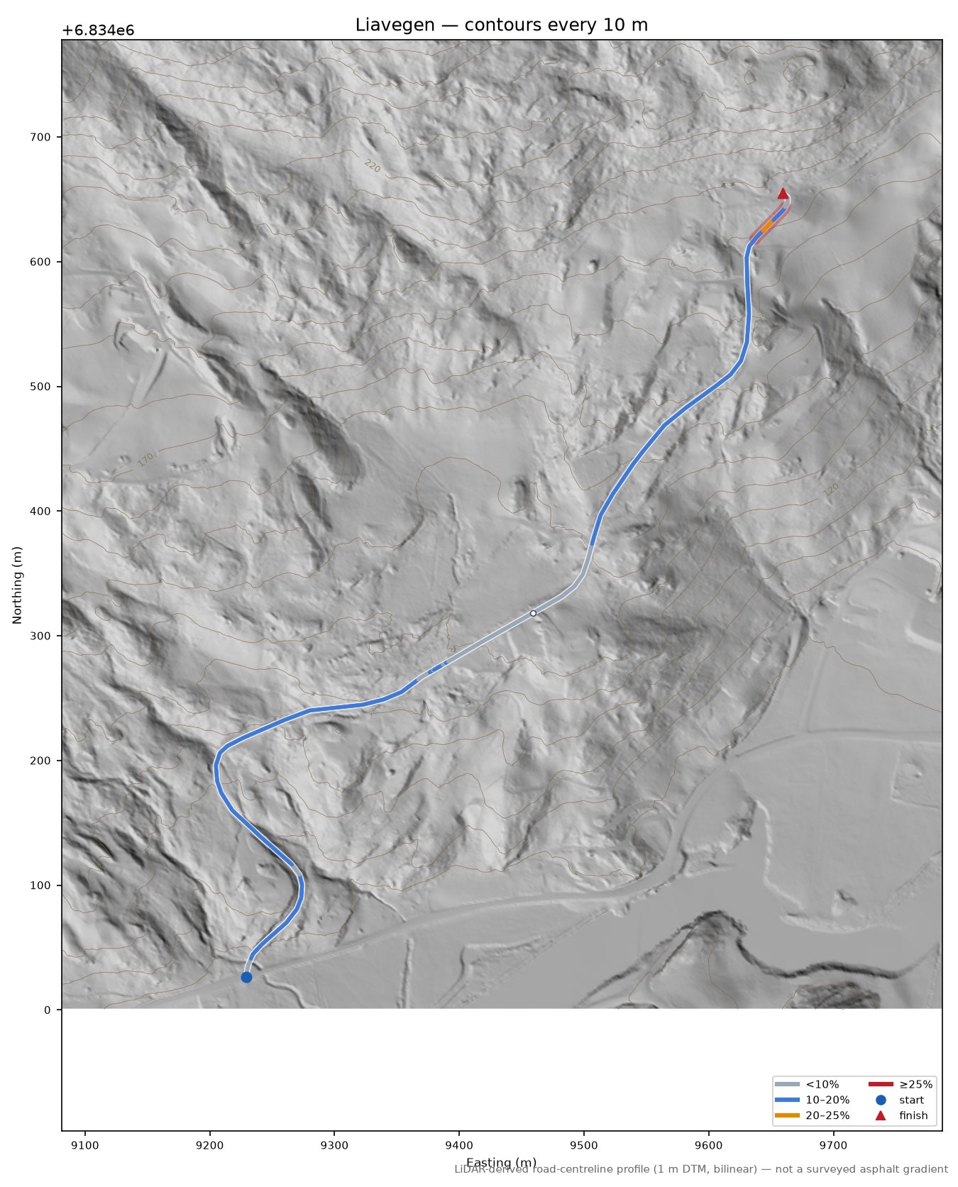 Liavegen LiDAR hillshade map with contours