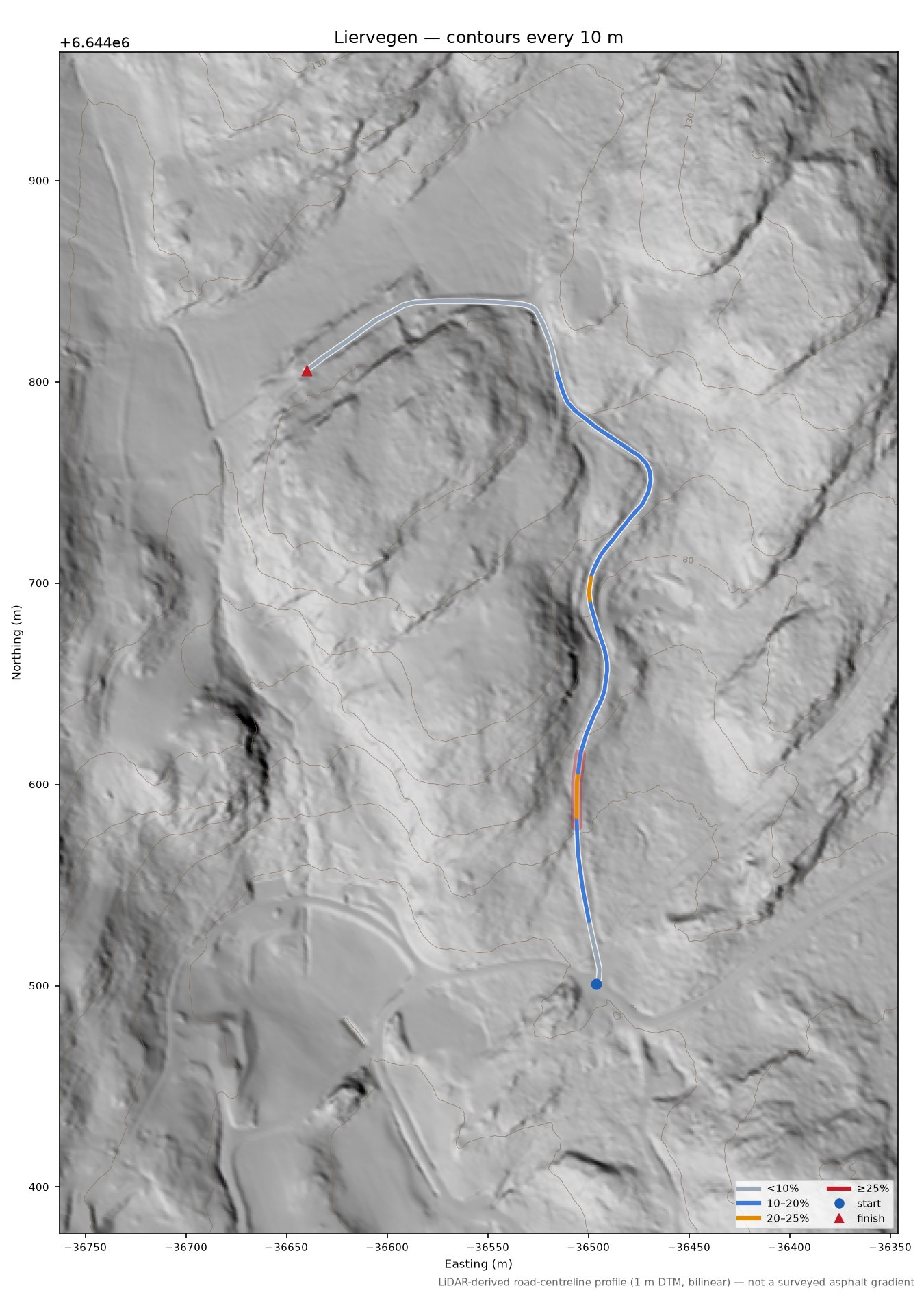 Liervegen LiDAR hillshade map with contours
